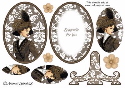 Vintage Beauty Cameo , Wearing a Gorgeous Brown Coat and Feather Hat Plate Card Kit