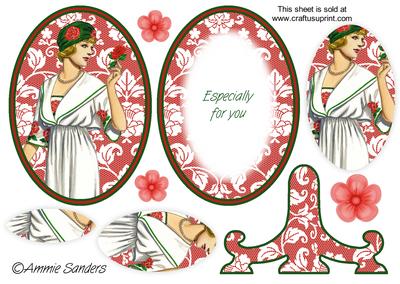 Vintage Beauty Cameo , Wearing a Gorgeous Dress & Hat with Roses on Plate Card Kit