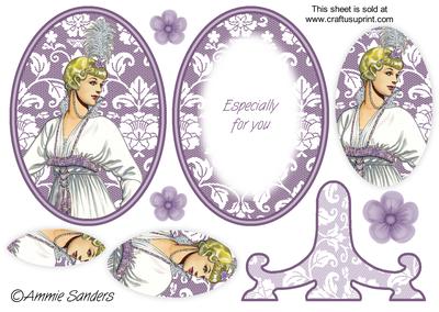 Vintage Beauty Cameo , Wearing a Gorgeous Dress with Purple Tassles & Feather Tiara Plate Card Kit