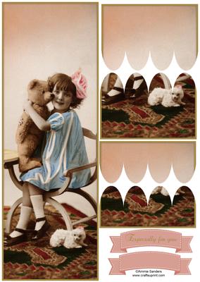 Vintage Girl & Teddy Bear Large Dl Scallop Stacker Topper