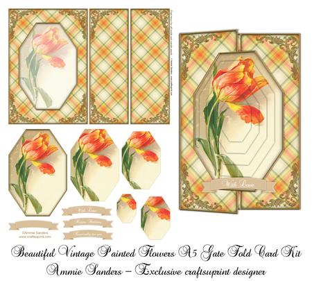Beautiful Vintage Painted Flowers A5 Gate Fold Card Mini Kit