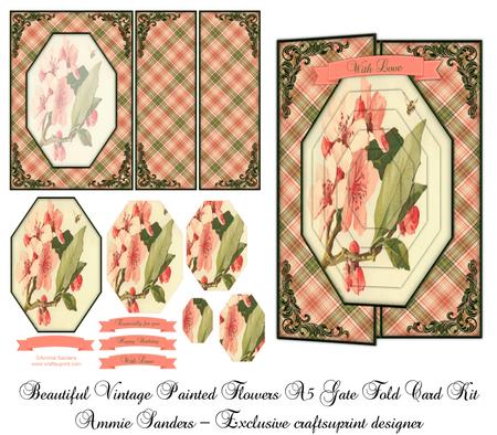 Beautiful Vintage Painted Flowers A5 Gate Fold Card Mini Kit