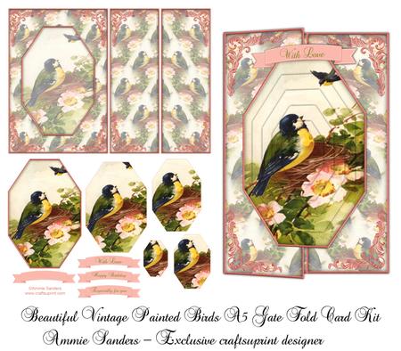 Beautiful Vintage Painted Birds A5 Gate Fold Card Mini Kit