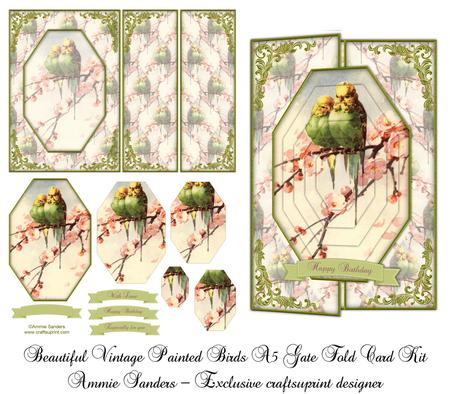 Beautiful Vintage Painted Birds A5 Gate Fold Card Mini Kit