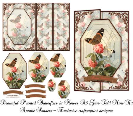 Beautiful Painted Butterflies & Flowers A5 Gate Fold Card