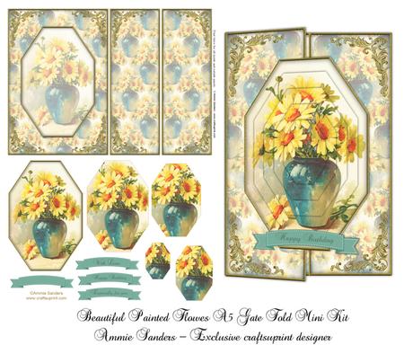 Beautiful Vintage Painted Flowers A5 Gate Fold Card Mini Kit