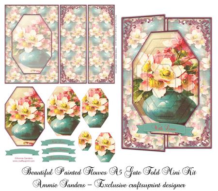 Beautiful Vintage Painted Flowers A5 Gate Fold Card Mini Kit