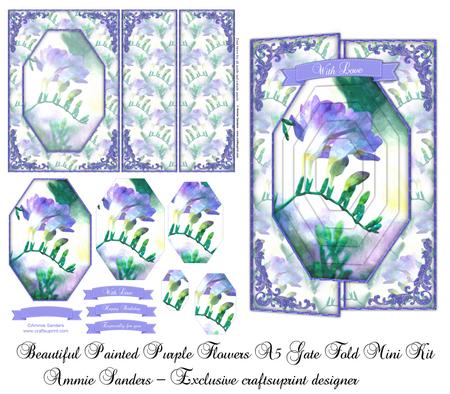 Beautiful Painted Purple Flowers A5 Gate Fold Card Mini Kit