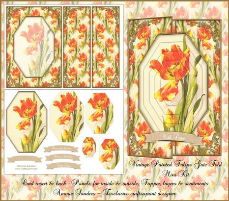 Beautiful Vintage Painted Tulips A5 Gate Fold Card Mini Kit