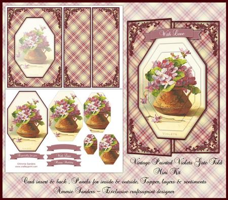 Beautiful Vintage Painted Violets A5 Gate Fold Card Mini Kit