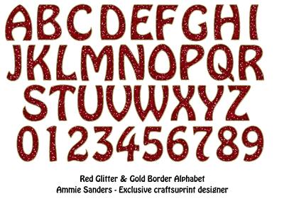 Red Glitter & Gold Embossed Uppercase Alphabet & Numbers