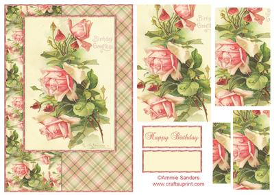 Beautiful Vintage Painted Pink Roses A5 Quick Card