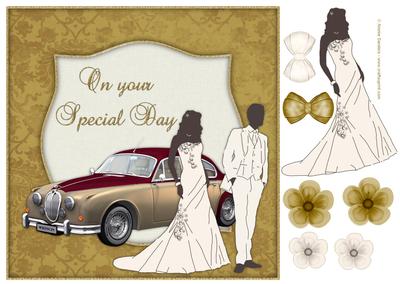 Beautiful Bride & Groom with Vintage Car 8x8 Quick Card