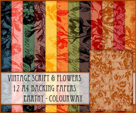 Vintage Script & Flowers 12 A4 Backing Papers - Earthy Shade