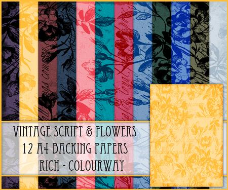 Vintage Script & Flowers 12 A4 Backing Papers - Rich Shade