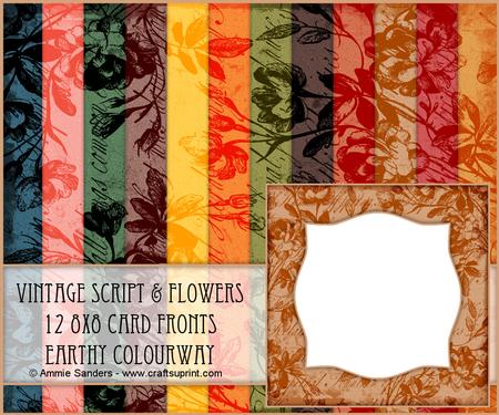 Vintage Script & Flowers 12 8x8 Blank Card Fronts - Earthy