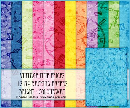 Vintage Time Peices 12 A4 Backing Papers - Bright Shades