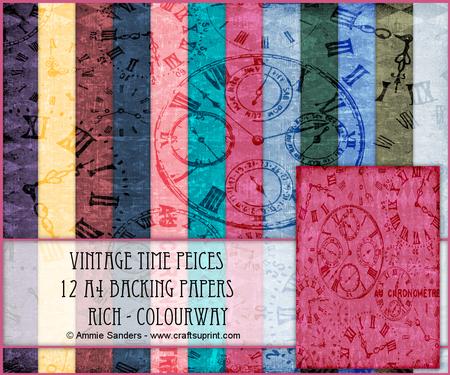 Vintage Time Peices 12 A4 Backing Papers - Rich Shades