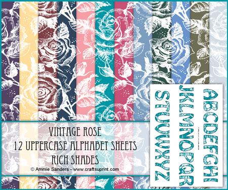 Vintage Rose 12 Alphabet Sheets - Rich Shades