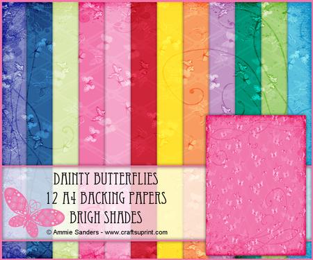 Dainty Butterflies 12 A4 Backing Papers - Bright Shades