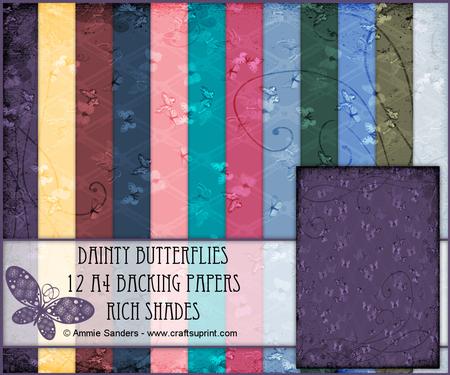 Dainty Butterflies 12 A4 Backing Papers - Rich Shades