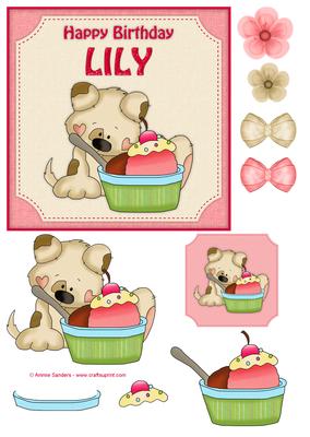 6x6 Lily Birthday Puppy & Cupcake Decoupage Quick Card