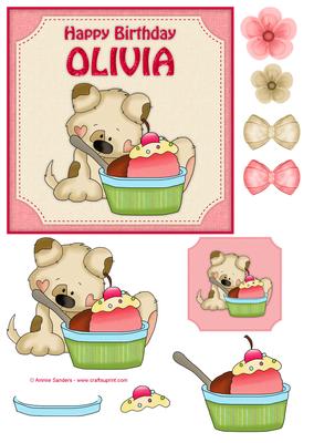 6x6 Olivia Birthday Puppy & Cupcake Decoupage Quick Card