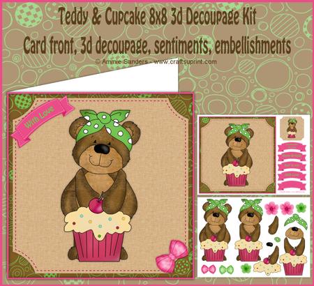 Teddy with Cupcake 3D Decoupage 8x8 Kit