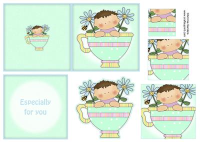 Little Boy & Teacup Flowers 4x4 Quick Card