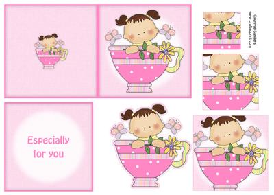 Teacup Girl with Butterflies & Flowers 4x4 Quick Card