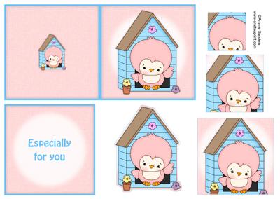 Sweet Pink Bird in Bird House 4x4 Quick Card