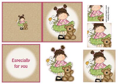 Little Flower Daisy Girl & Teddy 4x4 Quick Card