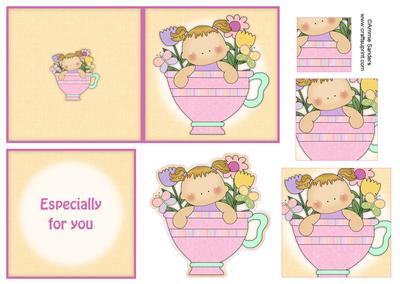 Teacup Girl with Butterflies & Flowers 4x4 Quick Card