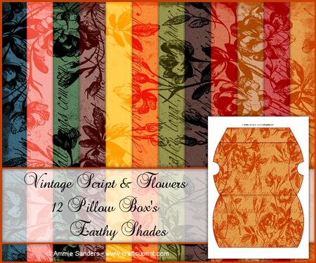Vintage Script & Flowers 12 Pillow Box's - Earthy Shades