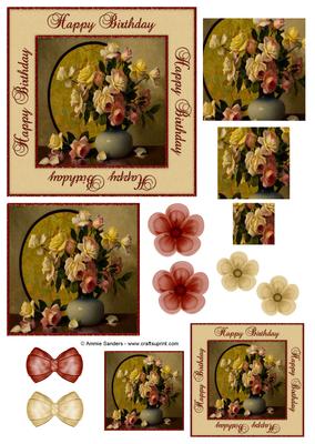 Happy Birthday Vintage Painted Roses Decoupage Topper