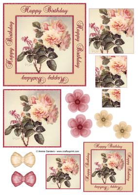 Happy Birthday Vintage Painted Roses Decoupage Topper