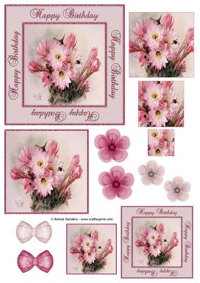 Happy Birthday Vintage Painted Pink Flowers Decoupage Topper