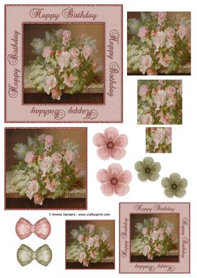 Happy Birthday Vintage Painted Pink Roses Decoupage Topper