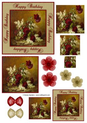 Happy Birthday Vintage Painted Red Roses Decoupage Topper
