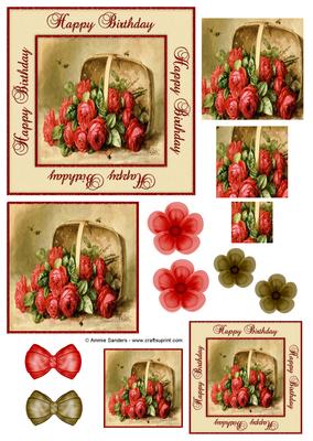 Happy Birthday Vintage Painted Red Roses Decoupage Topper