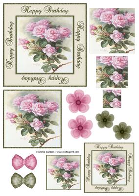 Happy Birthday Vintage Painted Pink Roses Decoupage Topper