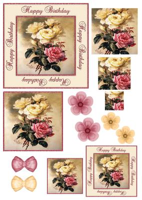 Happy Birthday Vintage Painted Roses Decoupage Topper
