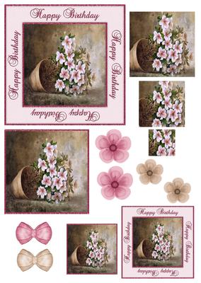 Happy Birthday Vintage Painted Potted Flowers Topper