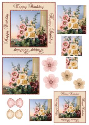 Happy Birthday Vintage Painted Flowers Decoupage Topper
