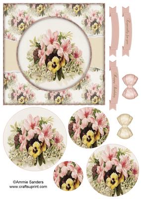 Beautiful 6x6 Torn Strip Vintage Pansies & Lilies Quick Card
