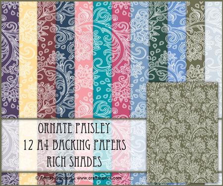Ornate Paisley 12 A4 Backing Papers - Rich Shades