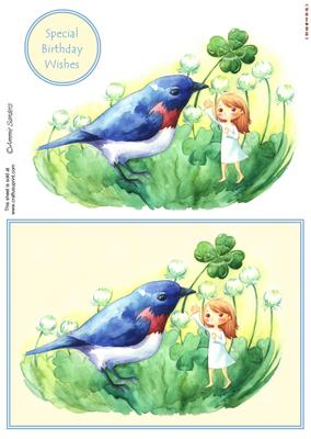 Darling Little Flower Girl Playing in the Clover with a Blue Bird