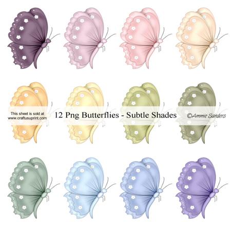12 Png Butterflies in Subtle Shades Colour Way