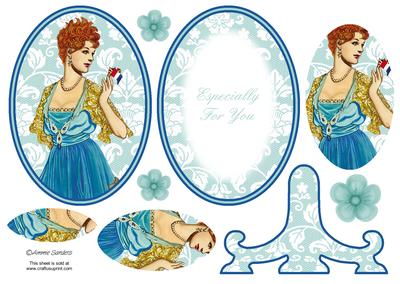 Vintage Beauty Cameo Wearing a Gorgeous Blue Dress & Gold Shawl Plate Card Kit