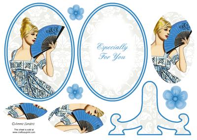 Vintage Beauty Cameo Wearing a Gorgeous Blue Dress & Holding a Fan Plate Card Kit